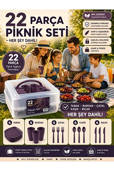 Arsimo 22 Parça Kare Piknik Seti | Piknik Tabak Çatal Kaşık Bıçak Bardak ve S...