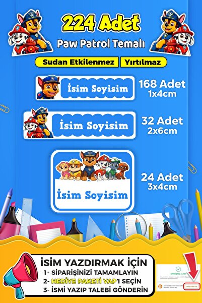 SB store Okul Kreş Kişiye Özel isim Etiket Seti Paw Patrol Temalı - Model 735