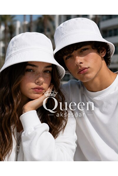 QUEEN AKSESUAR Unisex μονόχρωμο λευκό καπέλο Bucket Fisherman Summer Αντηλιακό