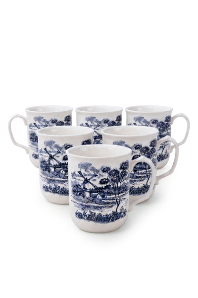 Claytan Earthenware Classic Blue Windmill Pattern Mug, 340ml, White (Set of 6)