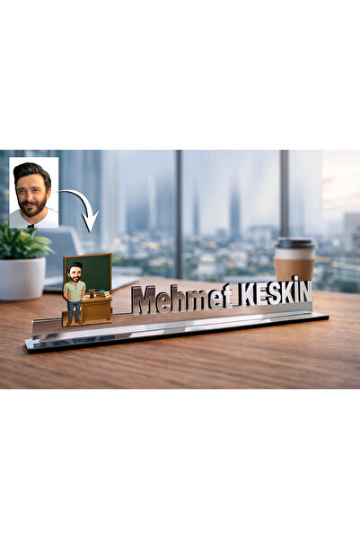 MK Sanart Fotoğraflı Öğretmen Karikatürlü Kişiye Özel Ofis Masa İsimliği Doğu...