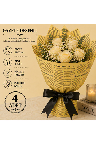 ÇINARASYADAHOME Sarı Siyah İngilizce Gazete Desenli Buket Ambalaj Kağıdı 57x5...