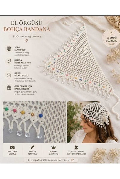 BEGİN White Hand Knitted Bundle Bandana Beaded Festival Hair Accessory