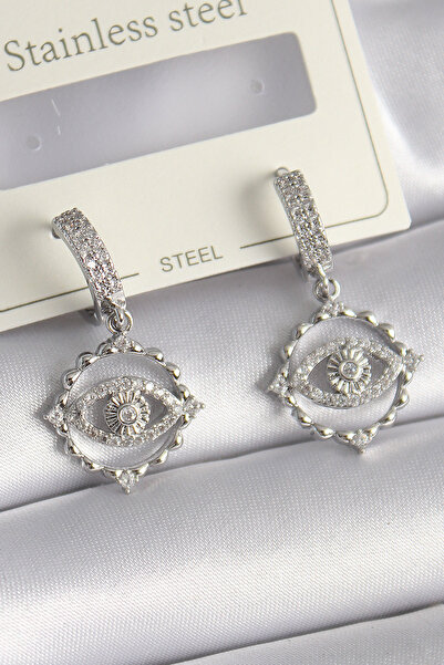 Mega Bazaar Brass Silver Color Zircon Stone Eye Model Women's Earrings