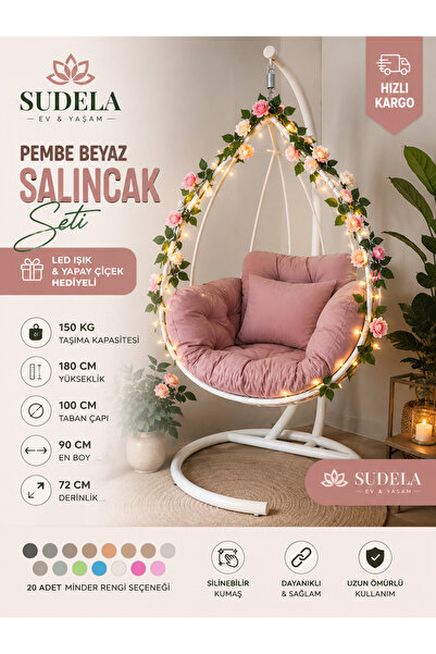 SUDELA Bloom Damla Bahçe Salıncağı 180 CM - LED Işık ve Yapay Çiçek Hediyeli ...