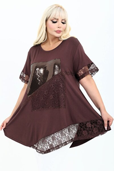 Kheos Asymmetrical Cut Sequin and Stone Detailed Round Neck Lace Plus Size De...