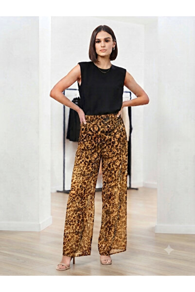 Lurji Kadın Kahverengi Siyah Leopar Desenli Şifon Bol Paça Pantolon - Plaj ve Günlük Giyim (boy 110 cm)