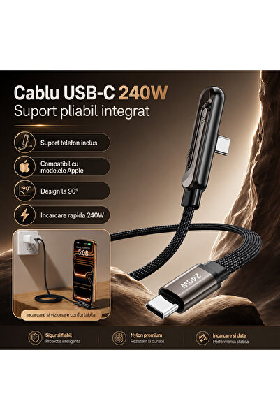 Generic Brand Cablu USB-C la USB-C MBSTAR 240W, Încărcare Rapidă, Conector 90°, Suport Telefon 2în1, 1.5m, Negru
