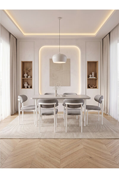 Concept Ayz Home Bella Serisi 6 Kişilik Kumaş 80*130 Beyaz Açılır Masa Sandal...