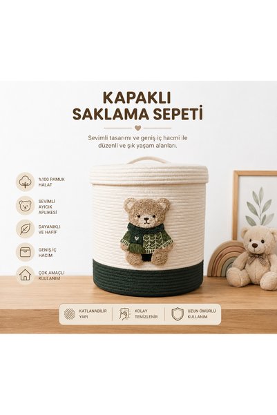 Berçak Home سلة تخزين لغرفة الأطفال بغطاء، مصنوعة من حبل قطني 100%، سلة ألعاب زخرفية مع تطريز على شكل دب