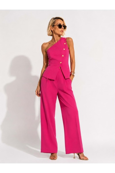 ibeeka - Prestige One Shoulder Gold Buttoned Palazzo Vest Pants Set