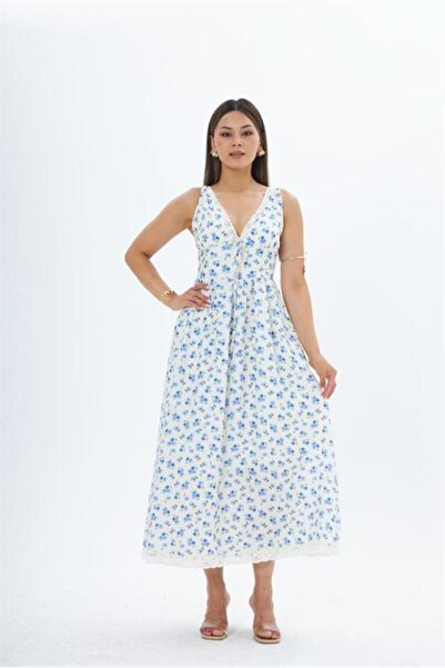 Neşeli Butik Women's Blue Thick Strap Lace Detailed Midi Length V-Neck Floral...