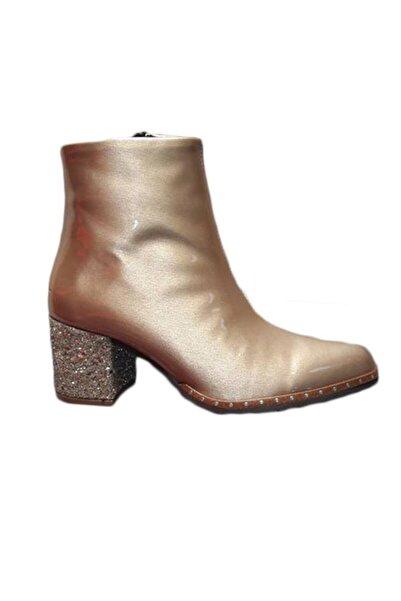 OEM Botina fashion aurie, din piele naturala lacuita cu toc gros, lucios