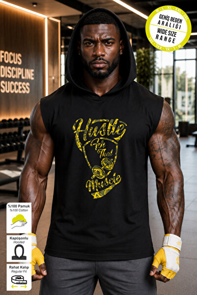BESSA Black Hustle Yellow Printed Standard Fit Hooded Sports Athlete Cotton F...