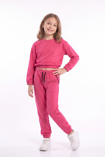 FYK KİDS Girl's Round Collar Pocket Piping Detailed Plain Unprinted Elastic C...