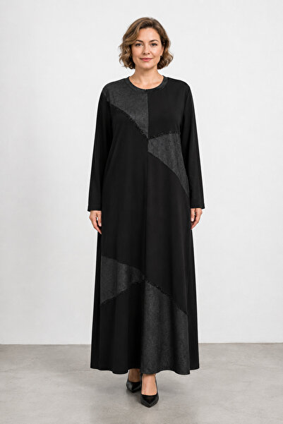 bihan store Two-Thread Leather Trimmed Long Dress with Stone Detail 25542-Black