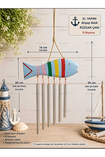 WoodBay El Yapımı Ahşap Balık Rüzgar Çanı 35 cm – Metal Çanlı Dekoratif Balko...