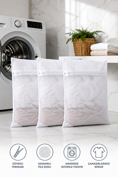 Ferzin 3'lü Bebek Çamaşırı Yıkama Filesi 30x40 cm Beyaz Fermuarlı Hassas Çamaşır Koruma Yıkama Torbası