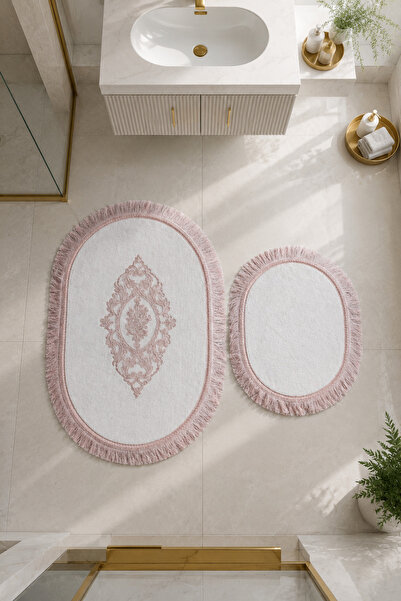 Teksev Lace 2-Piece Non-Slip Leather-Based Oval Bath Mat with Tassels Washabl...