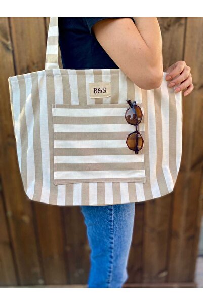 TALL WAY Cream Striped Shoulder Bag - Beach Bag - Large Size