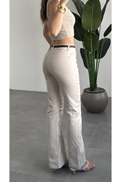 asfamoda Women's Cream High Waist Spanish Flare Jean Pants Stretchy Denim Daily Casual Wide Leg Jeans