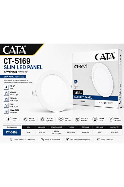 Cata CT-5169 18W SLIM SIVA ALTI LED PANEL ARMATÜR SPOT METAL KASA BEYAZ