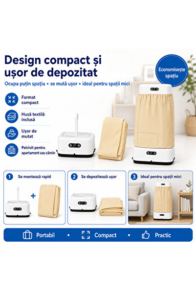 Generic Brand Uscător electric de rufe portabil, cu control digital, husă textilă și design compact, pentru haine ușoare și uz zilnic