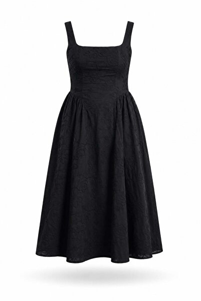 5in1Canpolat Rochie neagră brodată cu curea integrată 8307