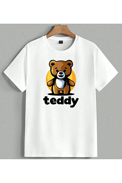 ELFERA Teddy Bear Logo Children's Printed Unisex Oversize T-Shirt White