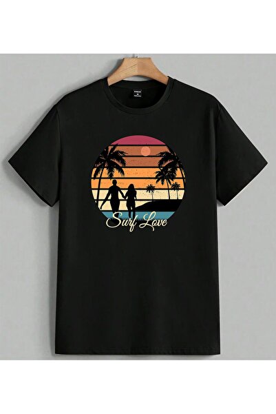 ELFERA Surf Love Beach Sunset Printed Unisex Oversize T-Shirt Black