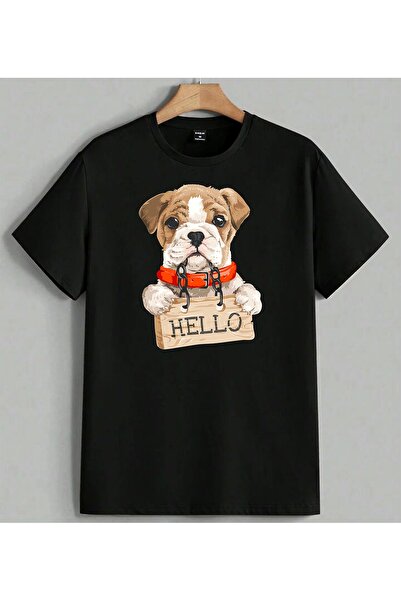 ELFERA Hello Kopek Bulldog majica sa printom, unisex, velika, crna