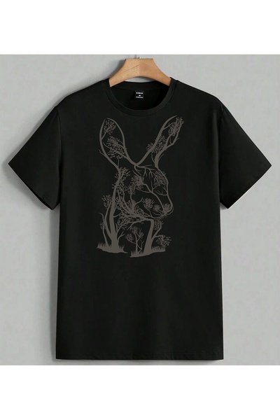 ELFERA Agac Tavsan Doga Art Black Printed Unisex Oversize T-Shirt Black