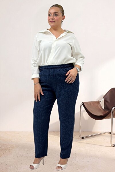 Eslina 69016 Plus Size Jacquard Trousers with Elastic Waist and Pockets - Nav...