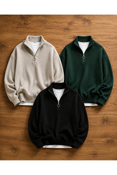 oneoff Advantageous 3-Piece Set Premium Men's Casual Half-Zipper Winter Knitw...