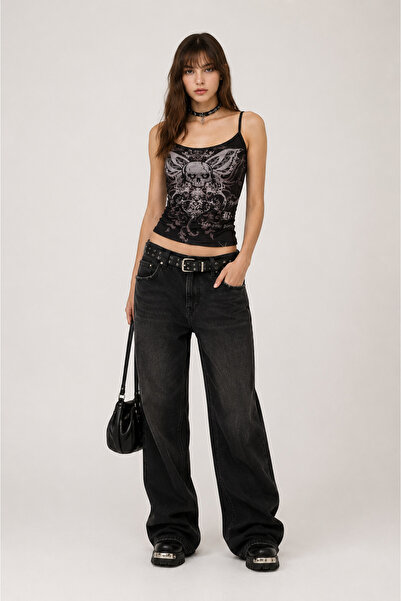None Wear Siyah Gotik Skull Butterfly Wings Y2K Askılı Crop