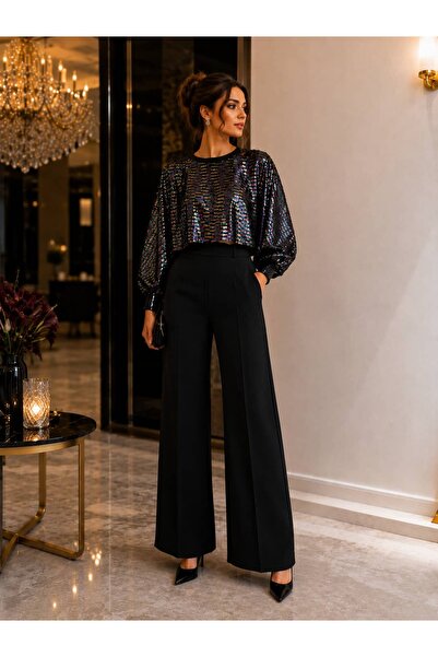 Zems Çok Renkli Payetli Crop Bluz