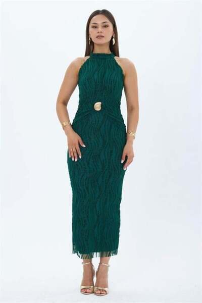 Dipmoda Women's Green Flock Print Halter Neck Gold Belt Detailed Midi Length ...