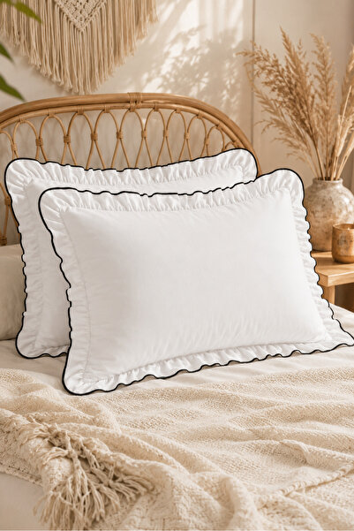 SADEN HOME Cotton Ruffled White Pillowcase, Black Trim on the Edges, 50X70 cm