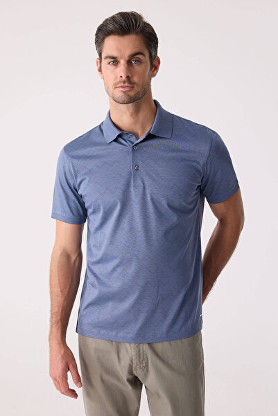 Ysf Erkek Mavi Regular Fit Desenli Merserize Polo Yaka Tişört