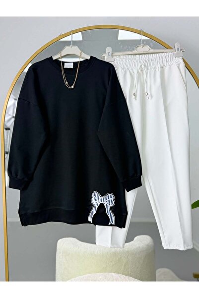 modasindoma Ribbon Embroidered Hijab Tunic Pants Set Black