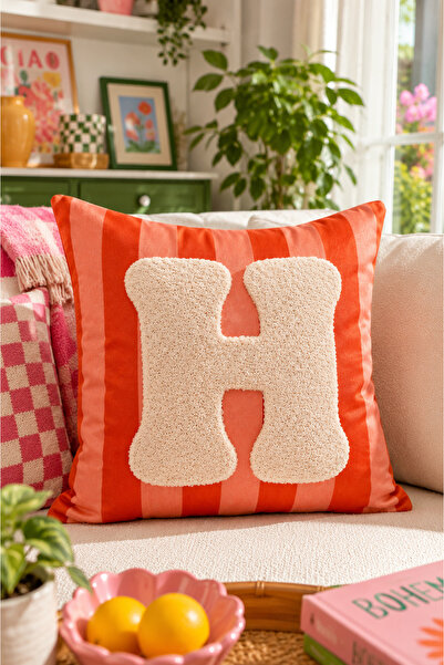 Pilloveland Punch Embroidered Throw Pillow Cover - 43*43 cm - Orange Letter H...