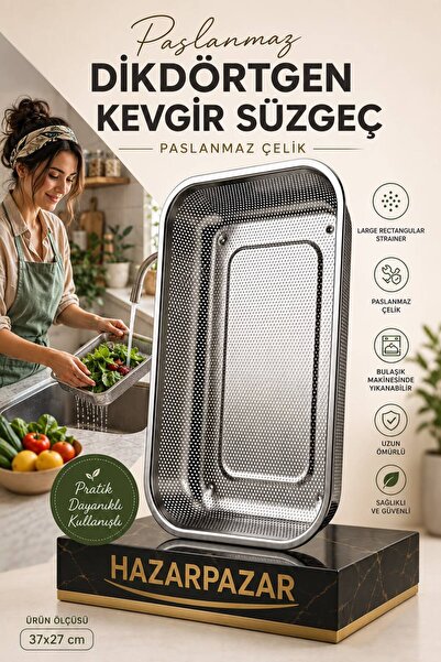 HAZARPAZAR Paslanmaz Çelik Dikdörtgen Büyük Boy Süzgeç Kevgir 37x27 cm