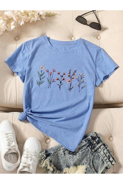 WESTİMO Women's Baby Blue Flower Garden Printed Oversize T-Shirt