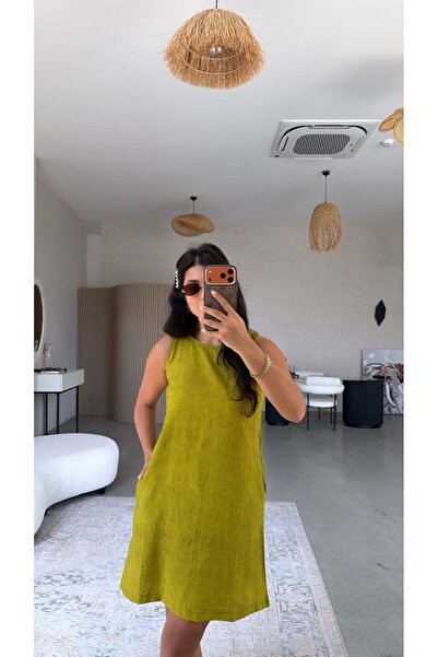 Buket Teke Olive Basic Washable Fabric Dress
