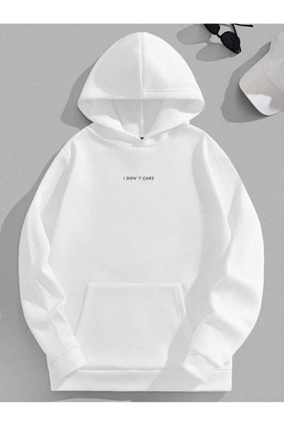 WESTİMO Unisex White I Don'T Care Printed 3 Thread Hooded Hoodie Sweatshirt