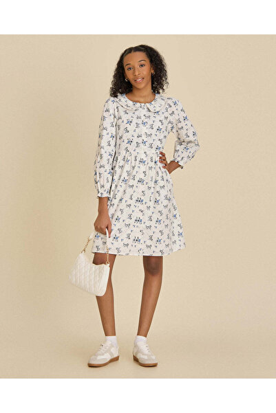 REDTAG Senior Girls White Printed Ditsy Dobby Peter Pan Collar Dress