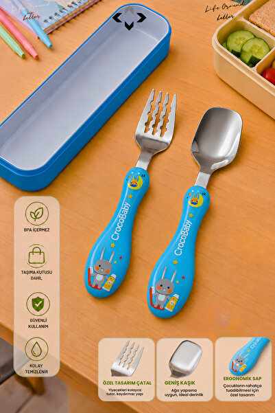 LİGROUND Stainless Steel Boxed Baby and Child Fork Spoon Set 2 Piece Ergonomi...