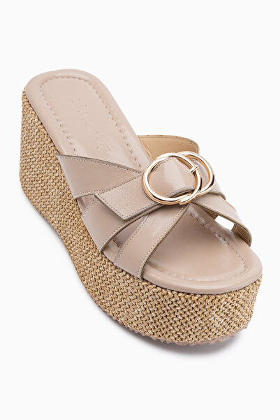 Limoya Malena Beige Straw Wedge Heeled Women's Slippers