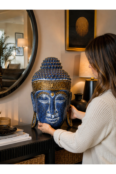 Kuzey Tacı El Yapımı Eskitme Detaylı Dekoratif Buddha Başı Heykeli Otantik Sa...