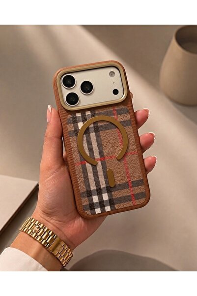 KILIF HOUSE Iphone 17 Pro Max Uyumlu Premium Kare Ekose Çizgili Deri Magsafe ...